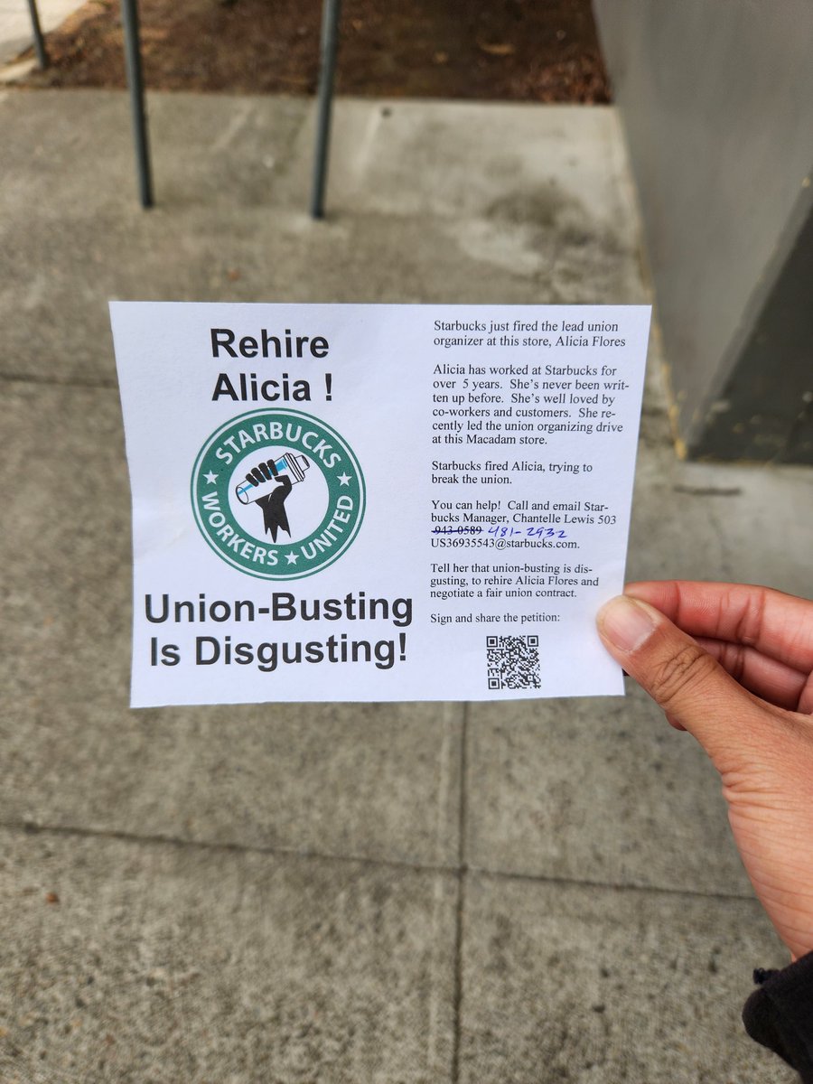 Worker leader Alicia Flores was fired from Starbucks 🤬

She led the union organizing drive at this store. Has never been written up yet was fired. Hmm interesting..
Call the Mgr Chantelle Lewis to let them know how you feel about union busting! 5034812932