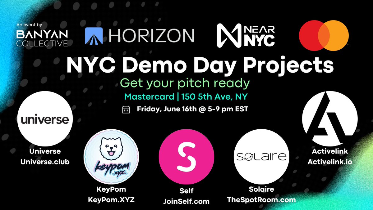 4/6 We're also thrilled to have an incredible line-up of projects pitching like:

@keypomxyz: Revolutionizing user onboarding
@futureoftrust: Web 3 fraud prevention
@Solaire_Web3: Phygital infra
@GetActiveLink: Social commerce
Universe.club:  Membership & loyalty