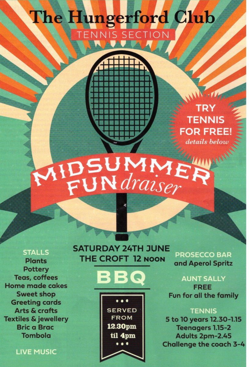 Save the date!! Saturday 24th June!! And if you feel like trying out tennis with no pressure the club would be delighted to see you! Pls RT @PennyPostWB @HungerfordBooks @timofnewbury @visitpewseyvale @VMarlborough @NorthWessexAONB ❤️🎾