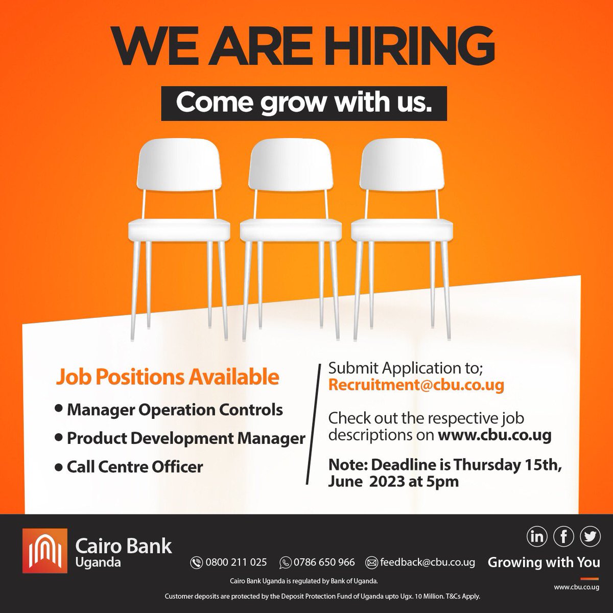 We are hiring 💼 

Are you out there & you have what it takes to join our team! 
Positions available include;
- Manager Operations Controls
- Product Development Manager
- Call Center Officer 

Submit application details to recruitment@cbu.co.ug