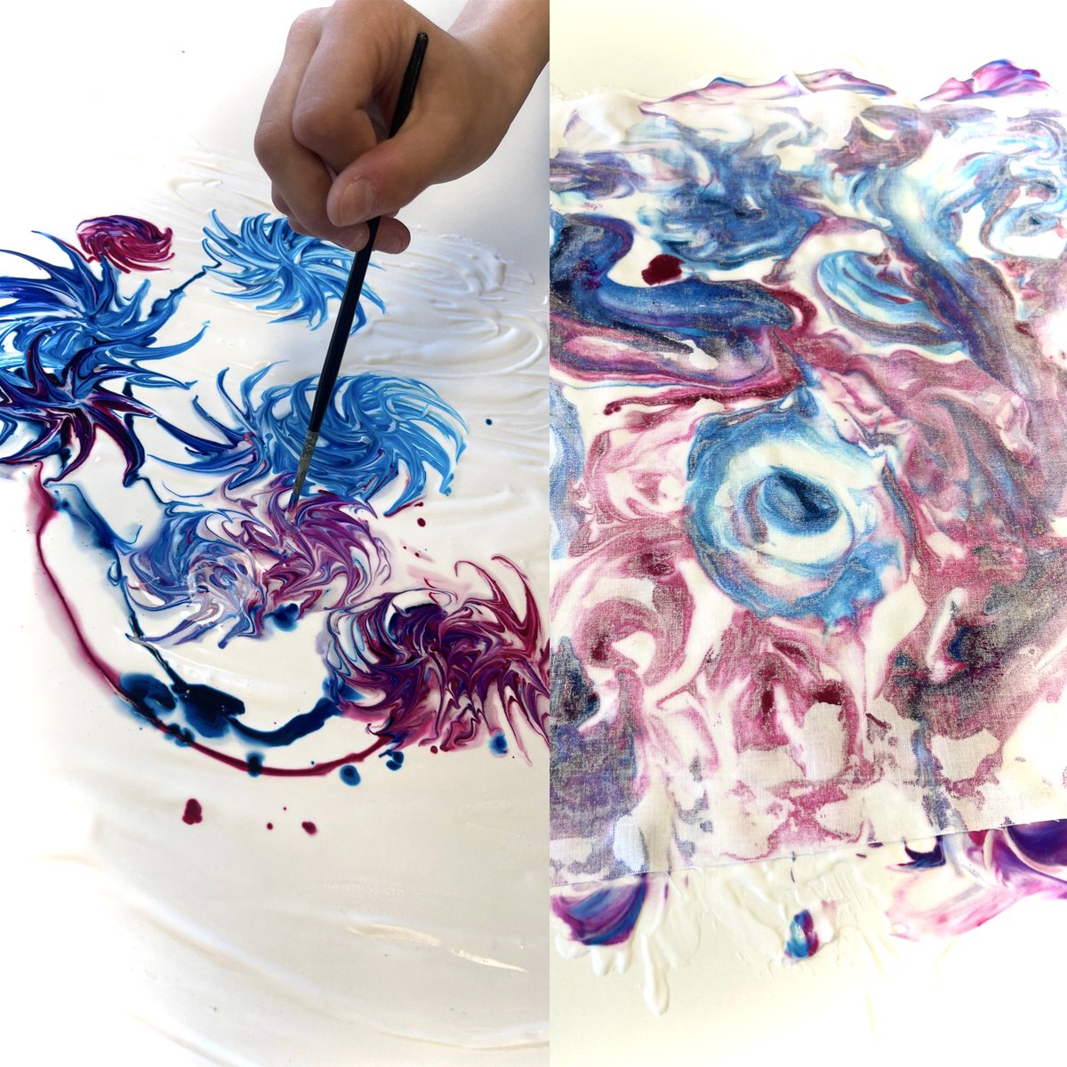 TeacherSimo's tweet photo. Today we did some marbling onto fabric with the shaving foam trick in castle character time textiles. It was brilliant fun making our fabrics ready to be worked on top of 🪡🧵  #BuildYourCharacter https://t.co/xQLbwgmVOL