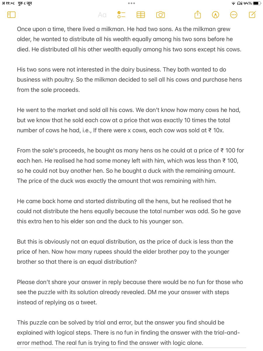 ProudMaratha's tweet image. When I was in middle school every Saturday there used to be a #mathspuzzle in a Marathi news paper. It was in this Marathi daily that I encountered following #maths #puzzle. Back then as a middle school student , it took me many hours to solve this puzzle. Can you solve this?
