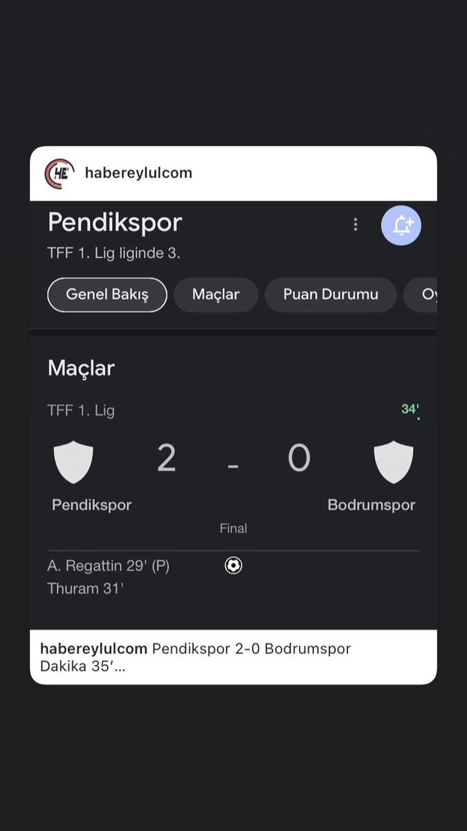 Pendikspor 2-0 Bodrumspor
Dakika 35’

#spor #futbol #pendikspor #bodrumspor #habereylül