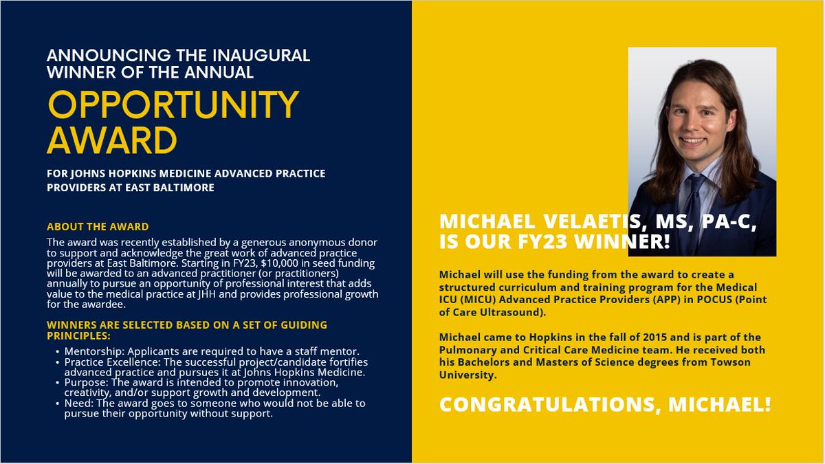 Please join us in congratulating the first awardee of the Opportunity Award for APPs at JHH.  Michael will use the funding from the award to create a structured curriculum and training program for the MICU Advanced Practice Providers in POCUS. <a href="/HopkinsMedicine/">Johns Hopkins Medicine</a> <a href="/JHUNursing/">Hopkins Nursing</a>