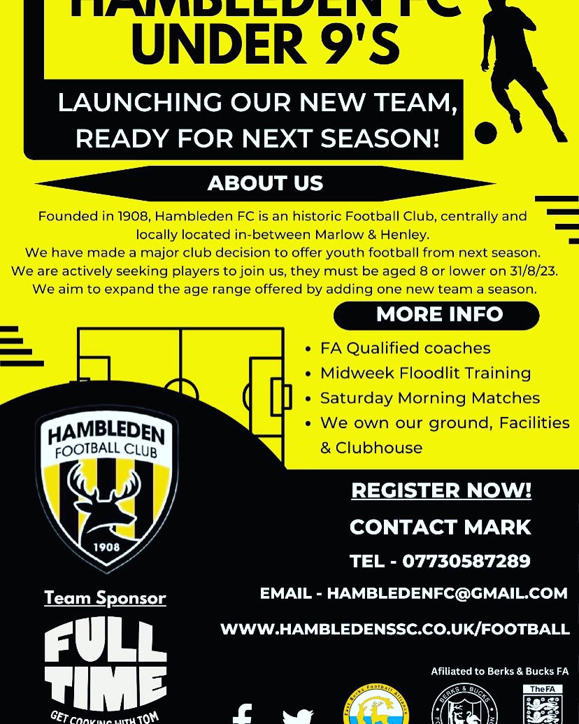 Hi All - We are launching a brand new youth section, starting with U9s and adding an age group each year.  
Please share the post and help this venture be a success, it will great for the kids on the area and surrounding towns. #youthfootball <a href="/BerksandBucksFA/">Berks & Bucks FA</a> <a href="/fiberkshire/">Football in Berkshire</a>