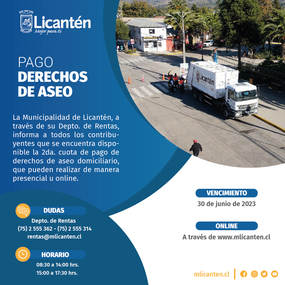 DISPONIBLE 2DA. CUOTA DE PAGO DE DERECHOS DE ASEO DOMICILIARIO  🚛🚮

🗓️Vencimiento 30 de junio de 2023

📌Puedes dirigirte al Departamento de Rentas de ⏰  08:30 a 14:00 hrs.  y de ⏰15:00 a 17:30hrs.

#LicanténMejorParaTi