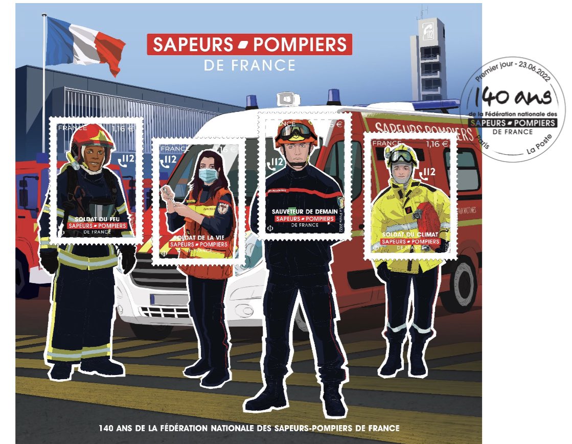 BoslandJP's tweet photo. Le 27 juin 2022, #LaPoste émettait un bloc de timbres sapeurs- pompiers de France à l’occasion des 140 ans de la Fédération nationale des @PompiersFR . 
Ce bloc vient d’être primé par @GroupeLaPoste comme le plus beau bloc de #timbres 2022. 
Une certaine fierté renforcée par le fait que son dessinateur soit un sapeur-pompier engagé auprès de la #FNSPF et au @sdis16 ! Bravo @mrniko ! #FedCom