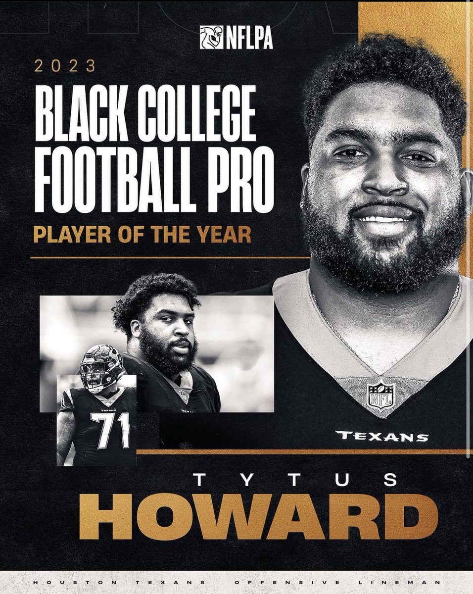 Congrats to our Hornet Football Alum and current OT for the @HoustonTexans @tyhoward71 on being honored with 2023 @NFLPA HBCU Pro Player of the Year. #SWARMAS1 | #PRIDENEVERGRADUATES 🐝