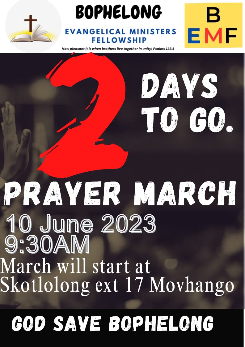 HRekaofela's tweet photo. 2 Days to go!

#BophelongPrayerMarch https://t.co/q6udjSOMt0