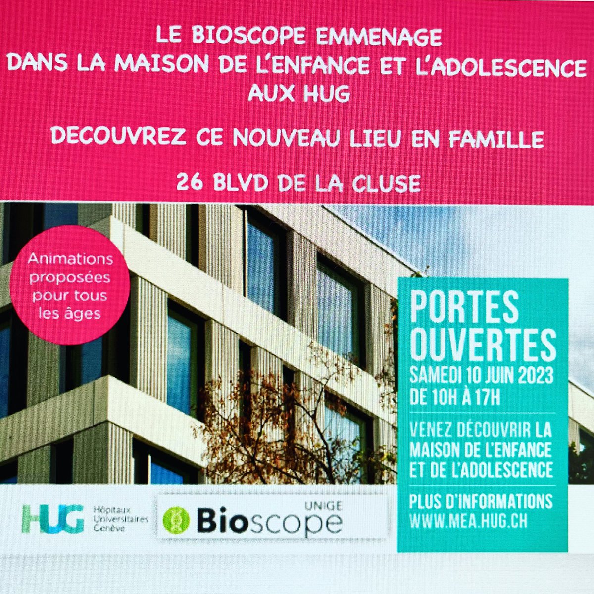 Bioscope (@bioscopelab) on Twitter photo Le Bioscope de l’<a href="/UNIGEnews/">Université de Genève</a> déménage pour s’intégrer au magnifique bâtiment de la Maison de l’enfance et l’adolescence aux @Hopitaux_unige ! Venez découvrir son nouvel espace de médiation, samedi 10.06.23 de 10-17h! Le Bioscope de l’<a href="/UNIGEnews/">Université de Genève</a> déménage pour s’intégrer au magnifique bâtiment de la Maison de l’enfance et l’adolescence aux @Hopitaux_unige ! Venez découvrir son nouvel espace de médiation, samedi 10.06.23 de 10-17h!