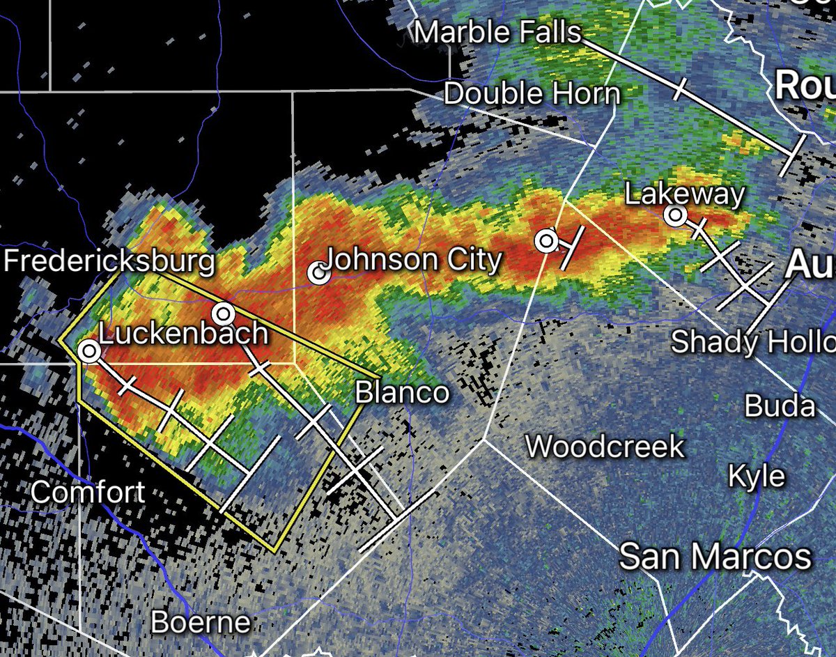 Severe Thunderstorm Warning for Kendall and Gillespie counties until 1:15. Storms are moving to the southeast at 20 mph.