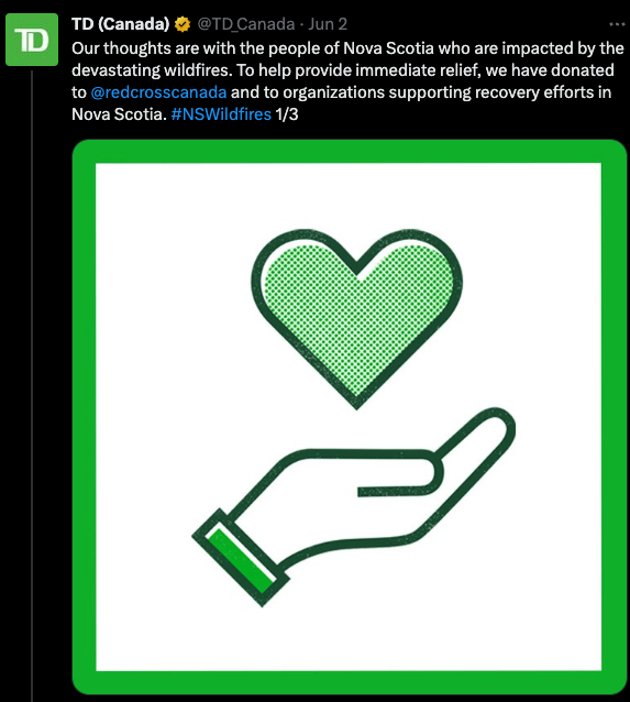 R_BrooksStand's tweet photo. Canada's fossil banks rather greenwash and distract by "fundraising" for organizations like the Red Cross and sending their "thoughts". 

Trying to greenwash fires is disgusting, particularly when you are loaning billions to coal, oil and gas companies.

#fires #smoke https://t.co/2gLP52Aj98