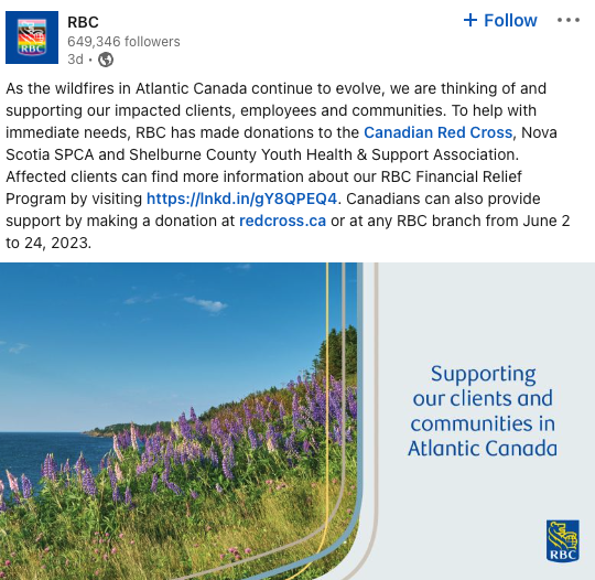 R_BrooksStand's tweet photo. Canada's fossil banks rather greenwash and distract by "fundraising" for organizations like the Red Cross and sending their "thoughts". 

Trying to greenwash fires is disgusting, particularly when you are loaning billions to coal, oil and gas companies.

#fires #smoke https://t.co/2gLP52Aj98