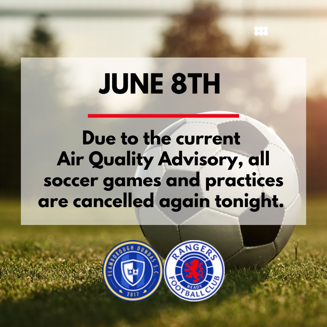 FDSCSoccer's tweet photo. 🚨 As per Ontario Soccer, due to the current Air Quality Advisory all games and practices scheduled for today, June 8th are cancelled. Ontario Soccer has advised us to err on the side of caution and cancel all soccer activities.

Please continue to monitor your email for updates. https://t.co/sqNAJTPvF2