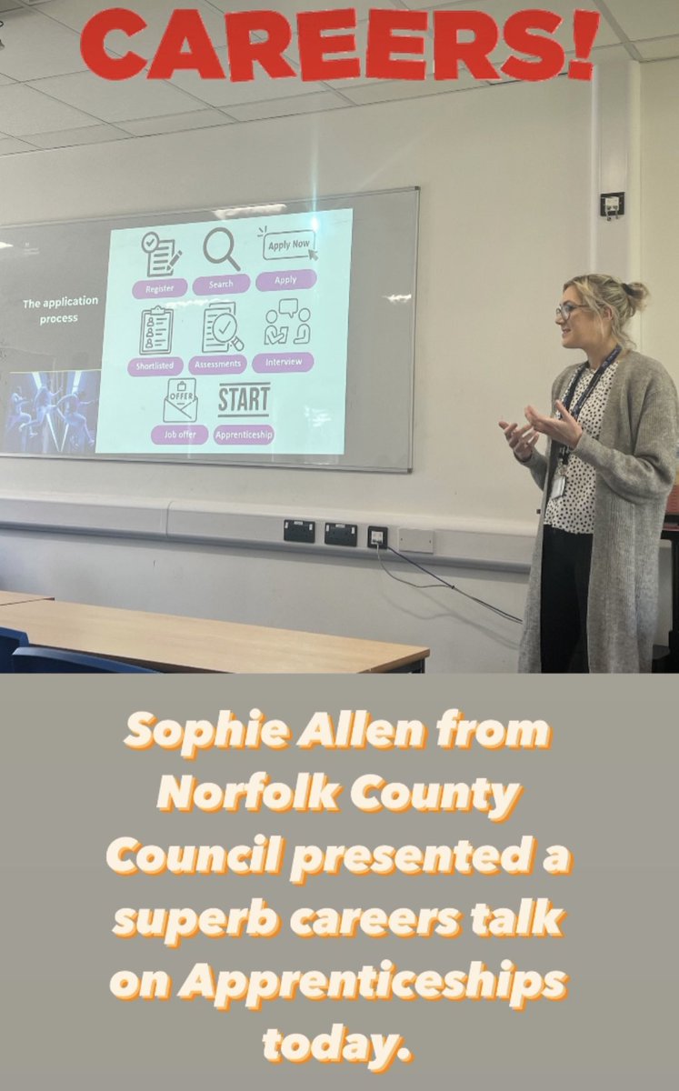 Thanks to Sophie at <a href="/NorfolkCC/">Norfolk County Council</a> for today’s <a href="/CareersCns/">CNS Careers</a> talk @cns_school . Great advice on apprenticeships! #apprenticeships