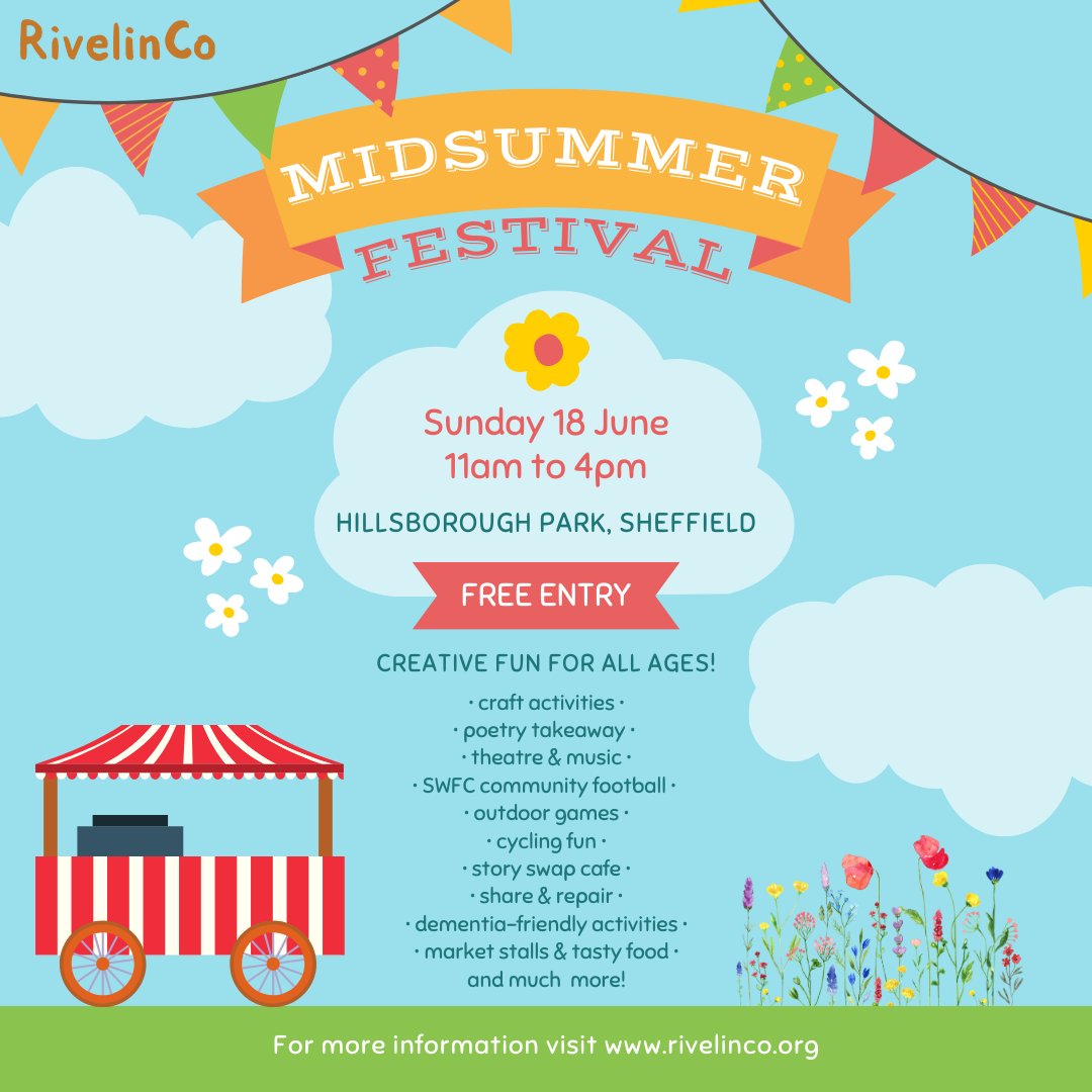 CentralSheff's tweet image. Any plans for Sunday 18th June?  Join us at the Midsummer Festival in #HillsborughPark organised by @RivelinCo 😊. Activities for all ages. 

Supported by Hillsborough Ward cllrs &amp;amp; partners. @CentralSheff will host a stall, find out how you can get involved in #communityprojects