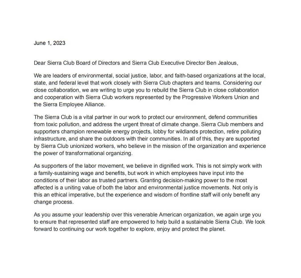 Last week, 151 <a href="/SierraClub/">Sierra Club</a> partners signed on to the letter below in solidarity with Progressive Workers Union and asked leadership to ensure represented workers are empowered to help build a sustainable Sierra Club.
