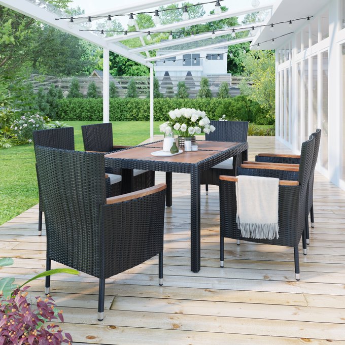 7-Piece Outdoor Patio Dining Set, Garden PE Rattan Wicker Dining Table and Chairs Set, Acacia Wood Tabletop<a href="/tag/newprofilepic"class="tags"><span>#newprofilepic</span></a>