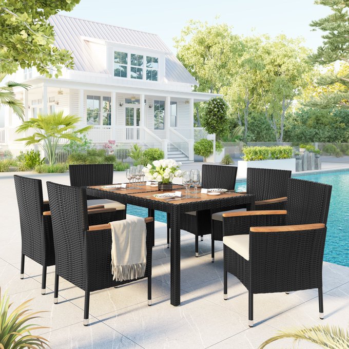 7-Piece Outdoor Patio Dining Set, Garden PE Rattan Wicker Dining Table and Chairs Set, Acacia Wood Tabletop<a href="/tag/newprofilepic"class="tags"><span>#newprofilepic</span></a>