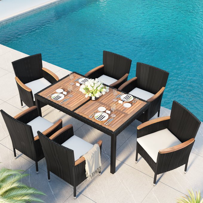 7-Piece Outdoor Patio Dining Set, Garden PE Rattan Wicker Dining Table and Chairs Set, Acacia Wood Tabletop<a href="/tag/newprofilepic"class="tags"><span>#newprofilepic</span></a>