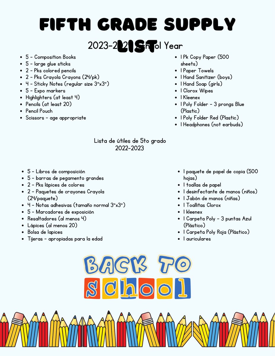 4th &amp; 5th Grades Supply list for 2022-23