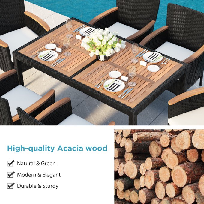 7-Piece Outdoor Patio Dining Set, Garden PE Rattan Wicker Dining Table and Chairs Set, Acacia Wood Tabletop<a href="/tag/newprofilepic"class="tags"><span>#newprofilepic</span></a>