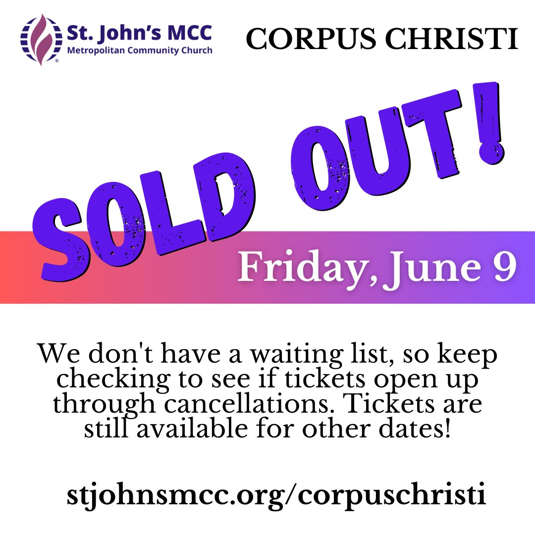 Friday is sold out, but we still have tickets for Thursday (tonight) and Saturday! Get yours at 

https://t.co/deJtVNwxDz

@stjohnsmcc https://t.co/jabwBo5X2I