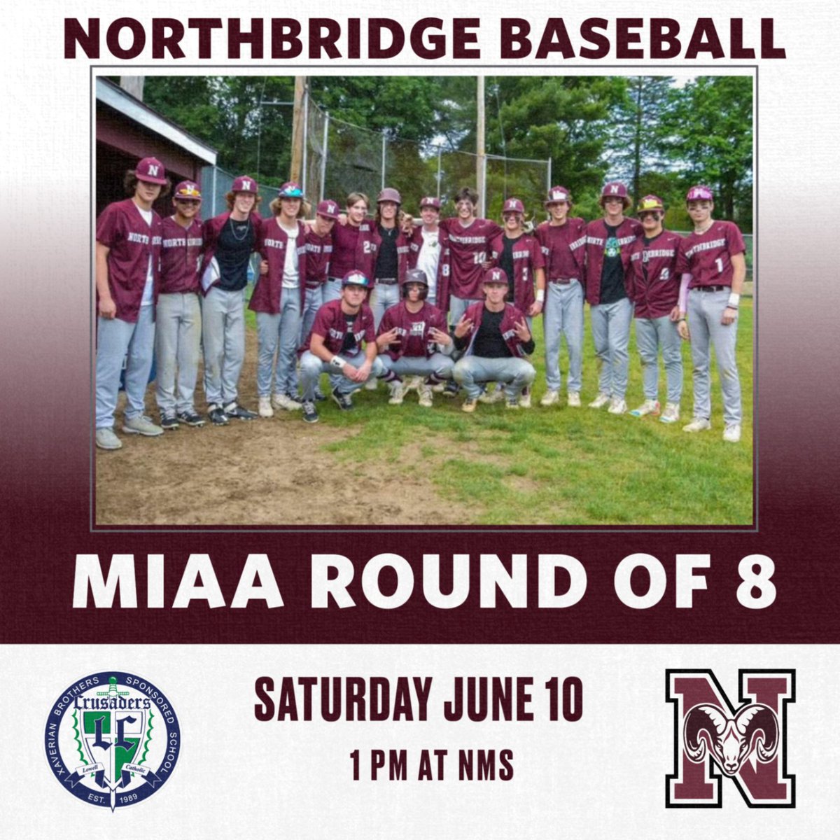 NBRamsAthletics's tweet photo. The boys took care of business yesterday and will now host Lowell Catholic on Saturday at 1 pm at the Northbridge Middle School baseball field.  Be there to cheer on your Rams in the Division 4 Round of 8 game!!!!!! https://t.co/TLR6lsfoQ1