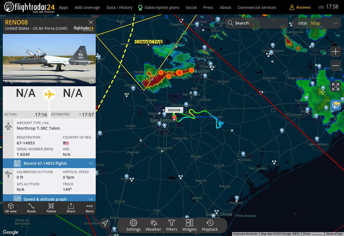 MULTI FR24 CIRCLING ALERT : At time Thu Jun  8 18:55:38 2023 #RENO08 was likely to be circling at FL26 1nm from DHK Randolph_TACAN_US
 near 10199, Farm-to-Market Road 1518, Schertz, Bexar Co #AvGeek #ADSB flightradar24.com/RENO08/30a23c35