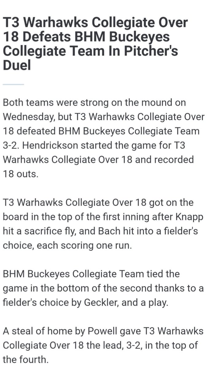 T3 22u (2-1)offense:Cackowski <a href="/CCackowski24/">Calvin Cackowski</a>, @ThielBaseball (2), Ransom <a href="/KyleRansom0010/">Kyle</a>, <a href="/lakeeriebase/">Lake Erie College Baseball 🌪️</a> (2B), Levak <a href="/RLevak8/">RicoLevak8</a> ,<a href="/WalshUBaseball/">Walsh U Baseball</a> (2B); Pitching: Hendrickson (W) <a href="/Hendrick14Ethan/">Ethan</a>, <a href="/lakeeriebase/">Lake Erie College Baseball 🌪️</a> IP-6,H-5,ER-2,BB-1,SO-7; Manny Nager <a href="/MannyNager/">Manny Nager</a>, <a href="/DU_Baseball/">Denison Baseball</a> (Save)