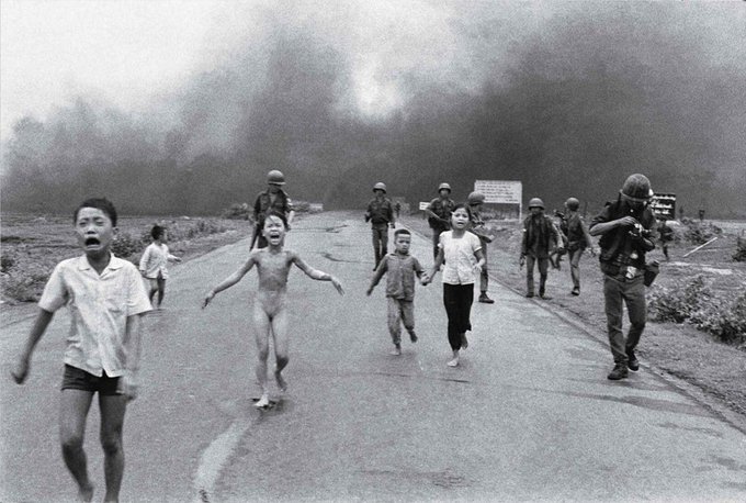 Kim Phúc running down a road naked near Trảng Bàng after a South Vietnam Air Force napalm attack on this date June 8 in 1972. Photo by Nick Ut. #OTD #PulitzerPrize