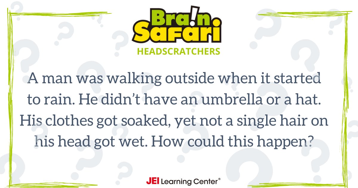 Dive into this week's Thinking Thursday Brain Safari®️ teaser and tell us why the man's hair didn't get wet. Maybe next time he will bring an umbrella!  🌧️ ☂️ Leave your answer in the comments to find out if you are correct. 🧠  #ThinkingThursday #BrainSafari