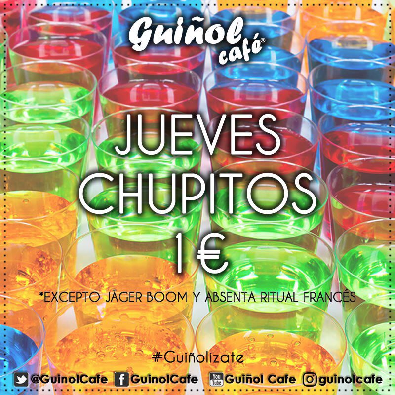 Al mal tiempo… #chupito pal cuerpo. No te vas a perder un jueves noche por la lluvia ¿verdad? Hoy tenemos todos los chupitos a 1 €, para entrar en calor. Y como siempre, las jarras de #cerveza y #tinto por 2,50 € y copas desde 3,50 €. Si no tienes plan… #Guiñolizate