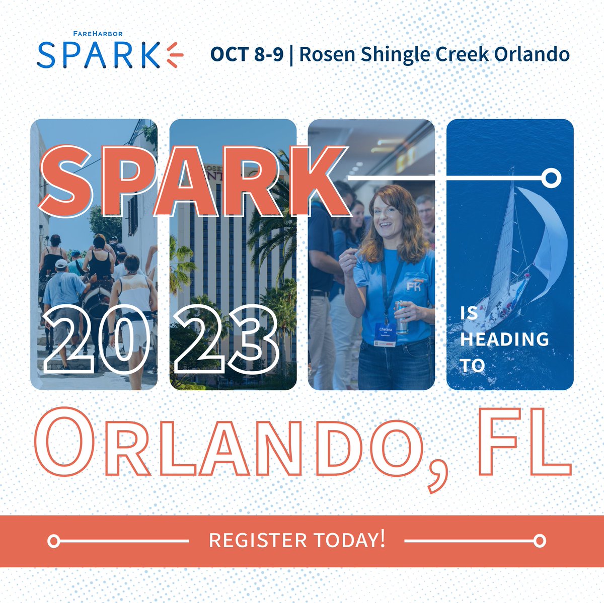 FareHarbor's tweet image. Spark 2023 registration is open! This year we are heading back to Orlando, FL, on October 8th and 9th for our biggest event ever. That&apos;s right, this year&apos;s Spark is a two-day event! Register today: ow.ly/nciH50OH8CO

#fhspark #spark #tourism #orlando #event #conference