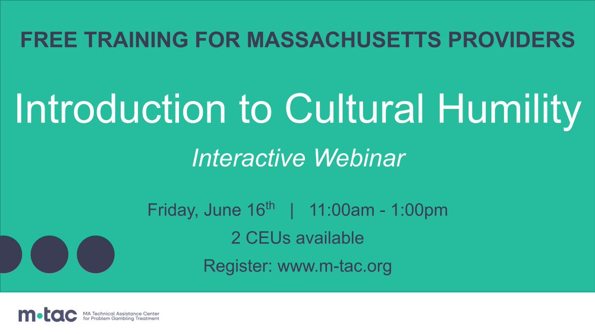 Division on Addiction (@div_addiction) on Twitter photo Massachusetts treatment providers – don’t miss next Friday's virtual training on cultural humility! Register for this free webinar, offered through the MA Technical Assistance Center for Problem Gambling Treatment: ow.ly/UpRb50OFKIl @HRiAction <a href="/MassDPH/">Mass. Public Health</a> Massachusetts treatment providers – don’t miss next Friday's virtual training on cultural humility! Register for this free webinar, offered through the MA Technical Assistance Center for Problem Gambling Treatment: ow.ly/UpRb50OFKIl @HRiAction <a href="/MassDPH/">Mass. Public Health</a>