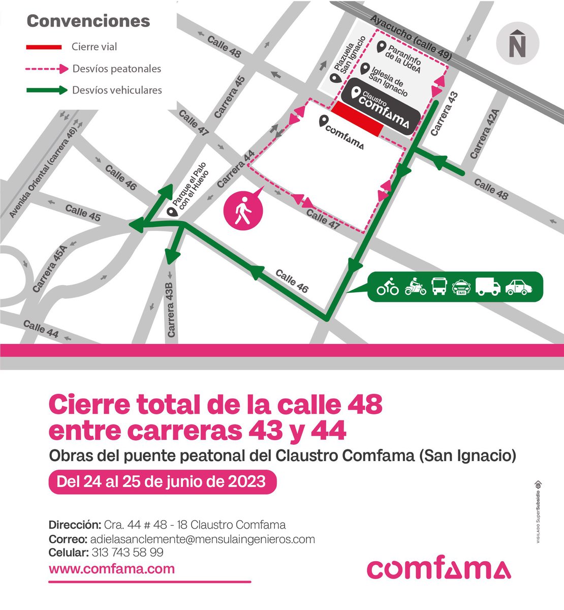 DSanIgnacio's tweet photo. ¡Prepárate! que habrá desvío por la calle 46 para vehículos y rutas de buses y se tendrán habilitados andenes para el paso peatonal desde las 12:00 a.m. del sábado hasta la medianoche del lunes festivo. @sttmed https://t.co/hl6epvshUe