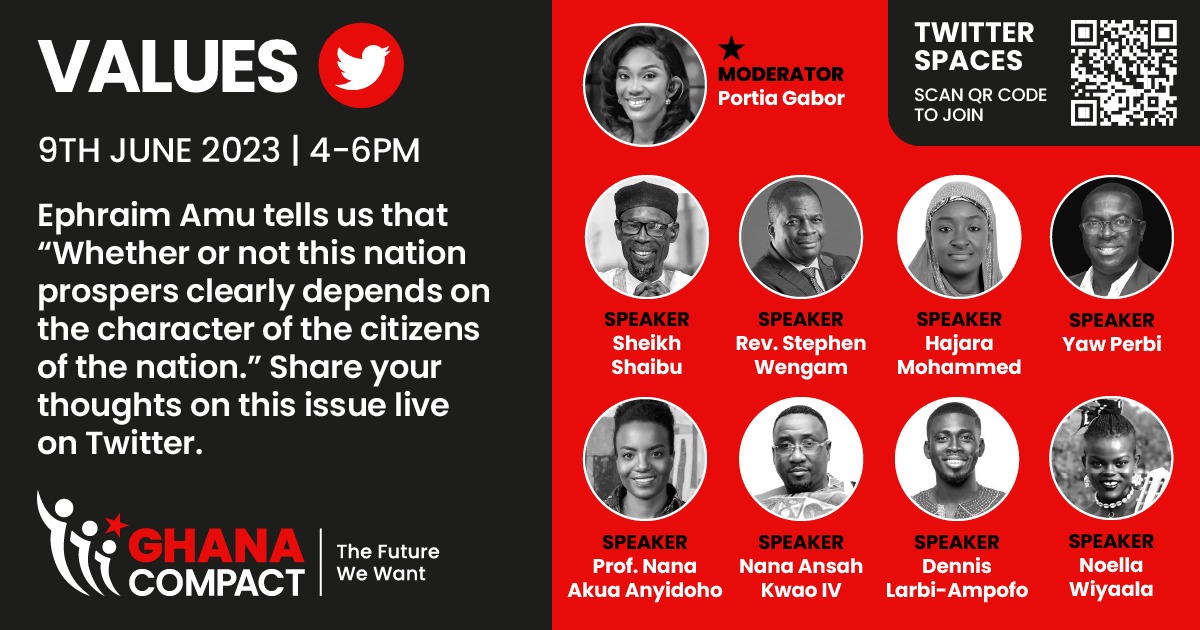 Get ready for an engaging Twitter Spaces event on June 9th from 4-6pm. We'll be exploring the impact of values on Ghana's transformation agenda. 

👉🏾Set a reminder TODAY: x.com/i/spaces/1yoKM…

 #theFutureWeWant #GhanaCompact