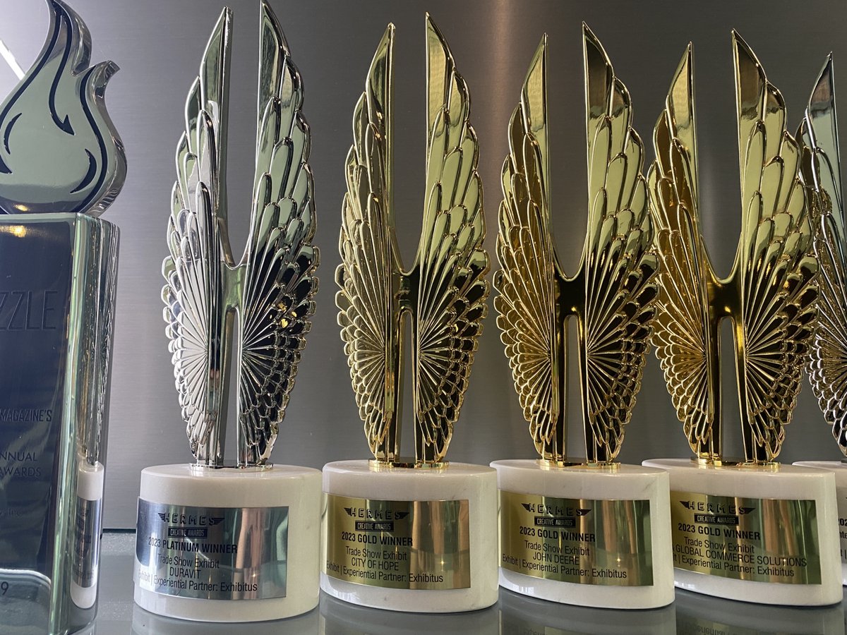 exhibitusinc's tweet photo. #BragAlert! - We have added these four beauties to our (near full) To the Moon award wall! We love when both our team &amp; partners receive recognition for their brilliance &amp; hard work! #TeamsWhoThrive #HermesCreativeAwards #ExhibitusLife https://t.co/T7x7C7a9dd