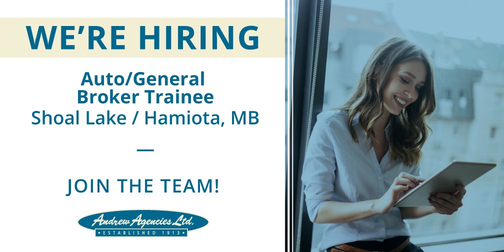 AndrewAgencies's tweet photo. We’re seeking a full time Auto/General Broker Trainee to help grow our branches in Shoal Lake and Hamiota, Manitoba.
Learn more at https://t.co/JfuECF88o4 https://t.co/ArsA1hEyFA