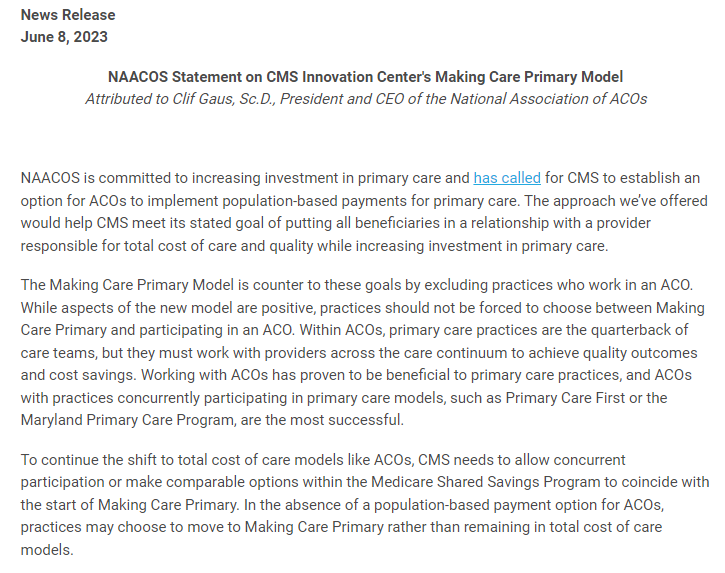 Read <a href="/NAACOSnews/">The National Association of ACOS</a> statement on new <a href="/CMSinnovates/">CMS Innovation Center</a> primary care model. Not allowing dual participation with ACOs undermines movement to total cost of care models. A better option is to allow ACOs to implement population-based payments for primary care.

naacos.com/press-release-…