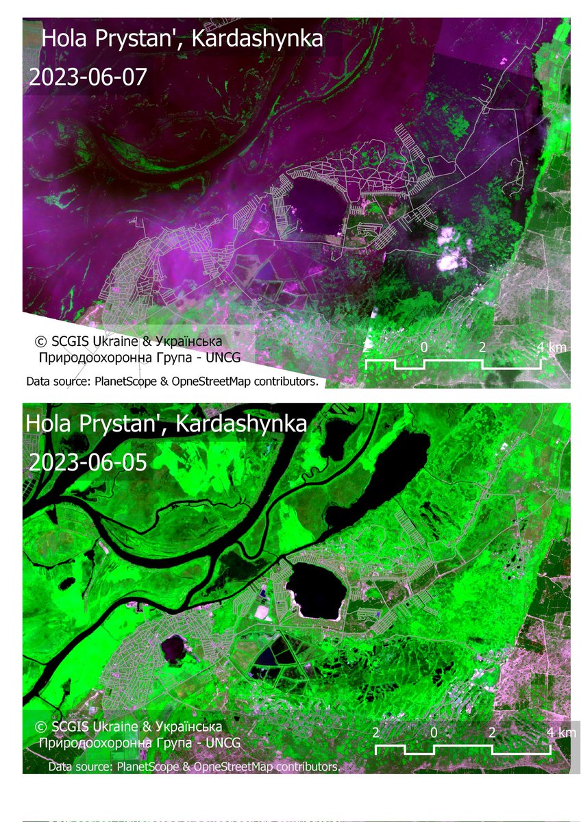 Villages Hola Prystan' and Kardashynka in Kherson region of Ukraine are flooded.

Data: #PlanetScope and #openstreetmap
Bands combination: RED NIR GREEN 

I made it map for @_UNCG_ and #SCGIS Ukraine

#satellite #satelliteimagery  #remotesensing #qgis #disaster #hotosm