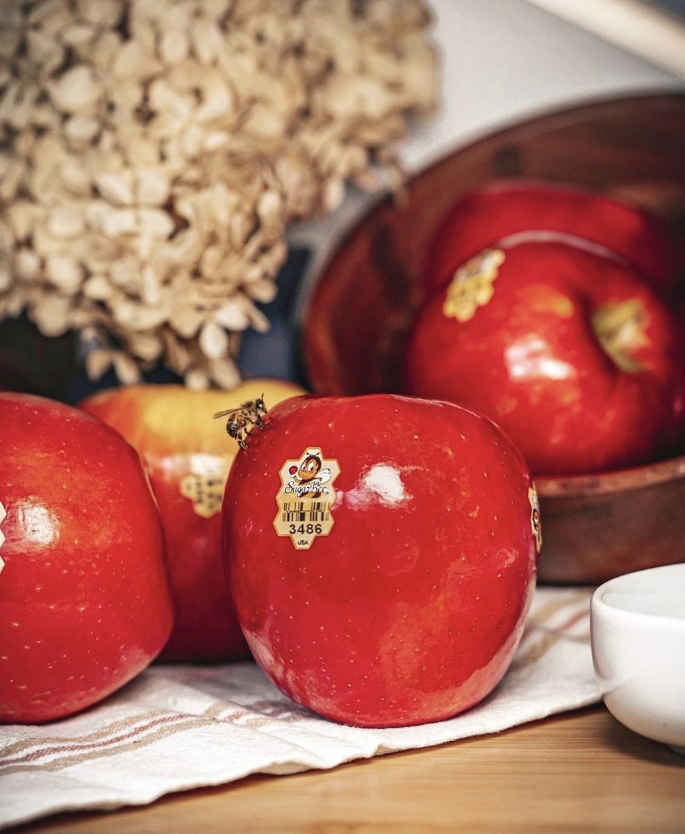 SugarBeeApple's tweet photo. When you're shopping for apples, bee sure to look for these cute little SugarBee® honeycomb stickers! 💛 🍎 🐝 #SugarBeeApple #OhHoneyThatsGood #ProduceSection https://t.co/lkI6F4eF1z