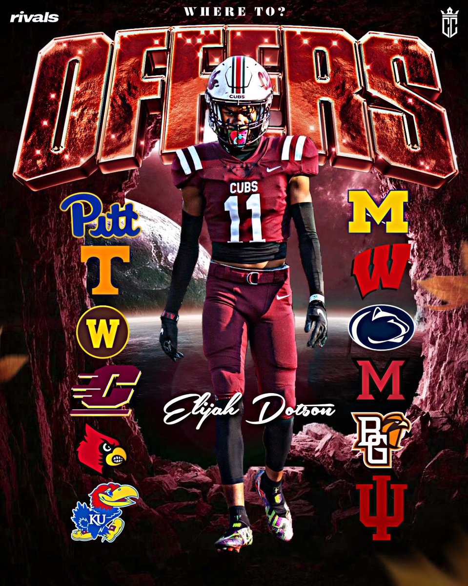 commitcoverage's tweet image. 12 offers on the table for 3⭐️ ATH Elijah Dotson. 

Dotson is a 6’2 175p ATH from Detroit, MI. He is in the class of 2025. 

Where should he go? @Rivals
