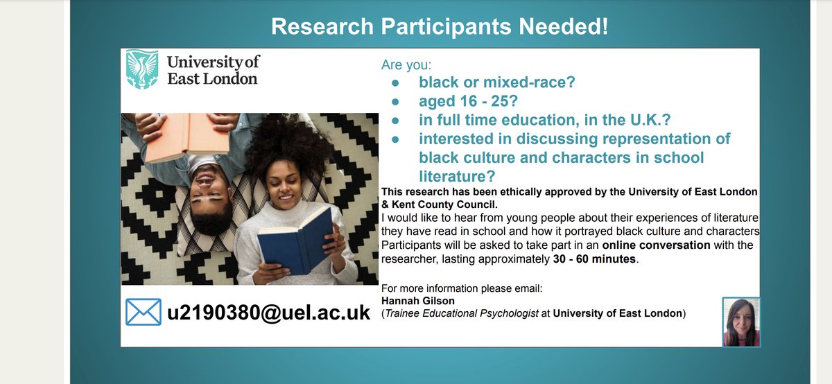 Hi #teachertwitter I am still keen to speak to black or mixedrace students (aged 16-25) about views of representation of black culture and characters in school literature. I believe this research is really important for development of anti-racism in the curriculum