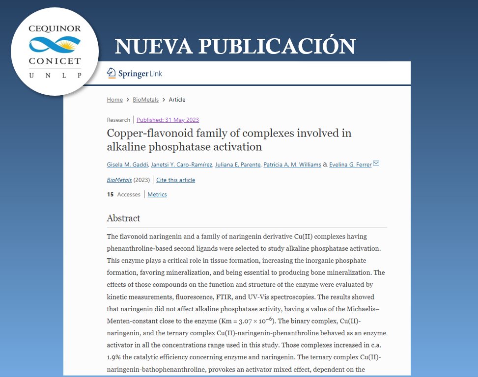 CEQUINOR_OK's tweet photo. 📄NUEVA PUBLICACION:
"Copper-flavonoid family of complexes involved in alkaline phosphatase activation"
https://t.co/Aswx7KwUcC
@CONICETLaPlata @unlp @CICPBA @exactas_unlp #biometals #ibs #copperII #flavonoid #ftir #fluorescencespectroscopy #naringenin #ALP @Springer_Shop https://t.co/shnLIcdC2K