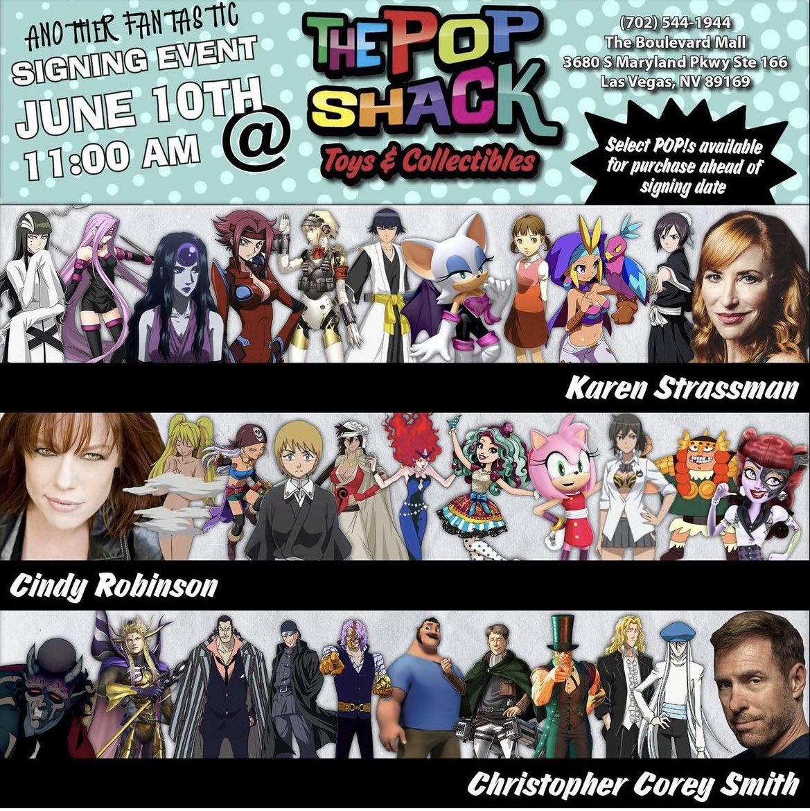 MobileMonicker's tweet photo. This weekend! #ThePopShack in Las Vegas! @KarenStrassman @RedHeadSaidProd @GetMeSmith !! #hunterxhunter #sonic #sonicthehedgehog #Sakugan #Bleach #mobilemonickerproductions #Digimon #AttackOnTitan https://t.co/NJWl8yYwug