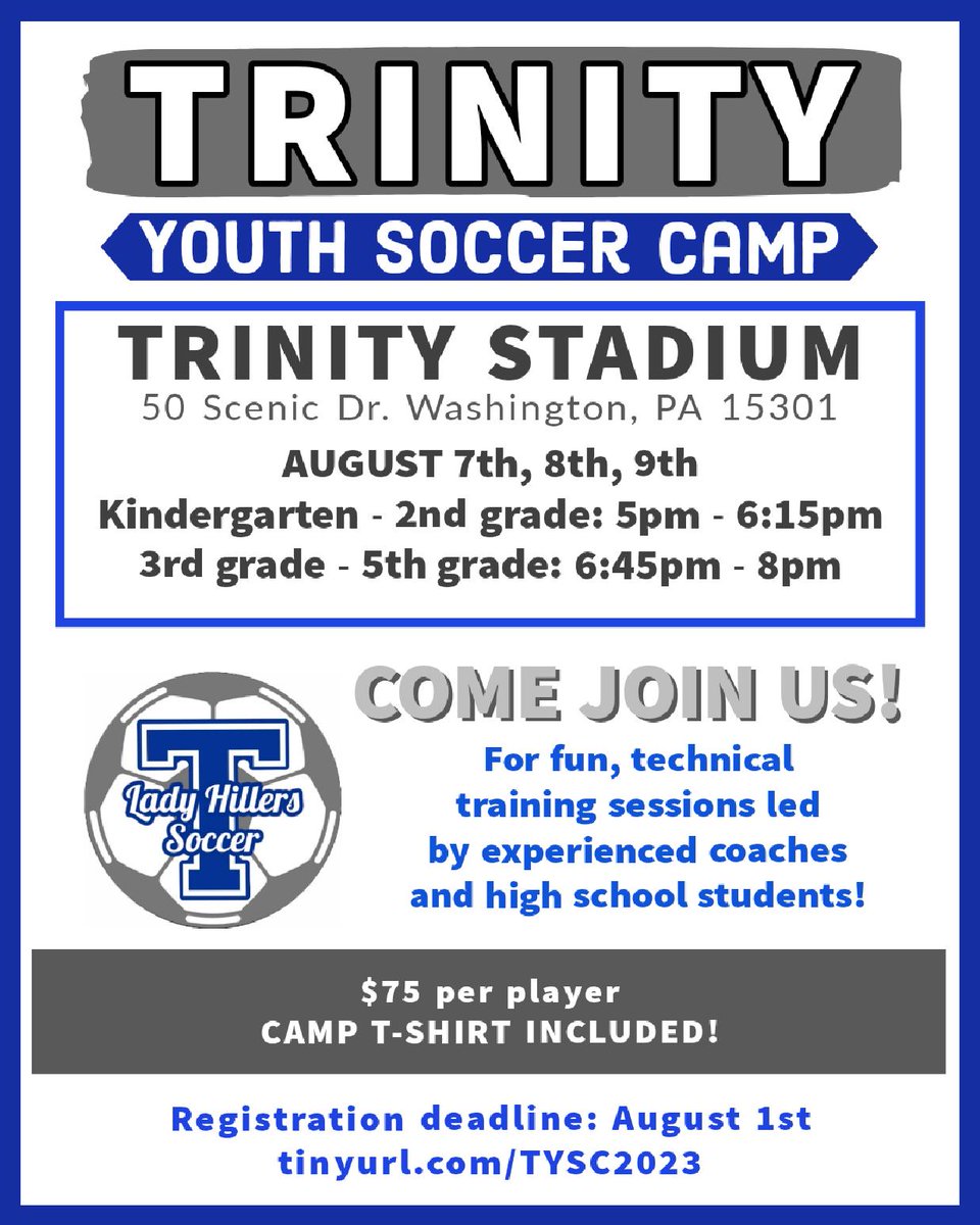 Trinity Girls Soccer will host a Youth Camp Aug 7-9, info is in the picture