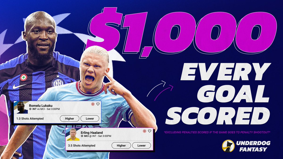 Every time a goal is scored in the Champions League Final, we will give away $1,000 to a random user who retweets this, and replies with their Underdog username and the hashtag #UnderdogFantasy