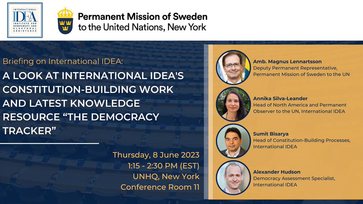 What is the🔑to making democratic constitutions? How to track progress? 🇸🇪 glad to co-host a briefing with @int_idea, leading voice on #democracy at the UN🇺🇳. 🇸🇪 Amb @mlennartsson: “Accountable, representative & transparent institutions are critical for progress on the #SDGs”