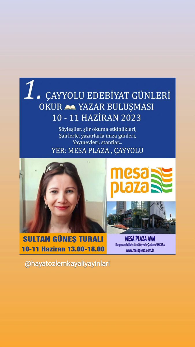 Bu hafta sonu  ❤️
📚

🗓 : 10 Haziran Cumartesi
        11 Haziran Pazar

📍 : Mesa Plaza AVM
        Bangabandu Bulvarı, 4 / 62 
        Çayyolu - Çankaya / ANKARA

🕚 : 13:00 - 18:00

#HayatÖzlemKayalı
#ankara #imzagünü #Nutu #IQ #EQ
#hayatözlemkayalıyayınları
#yenikitap